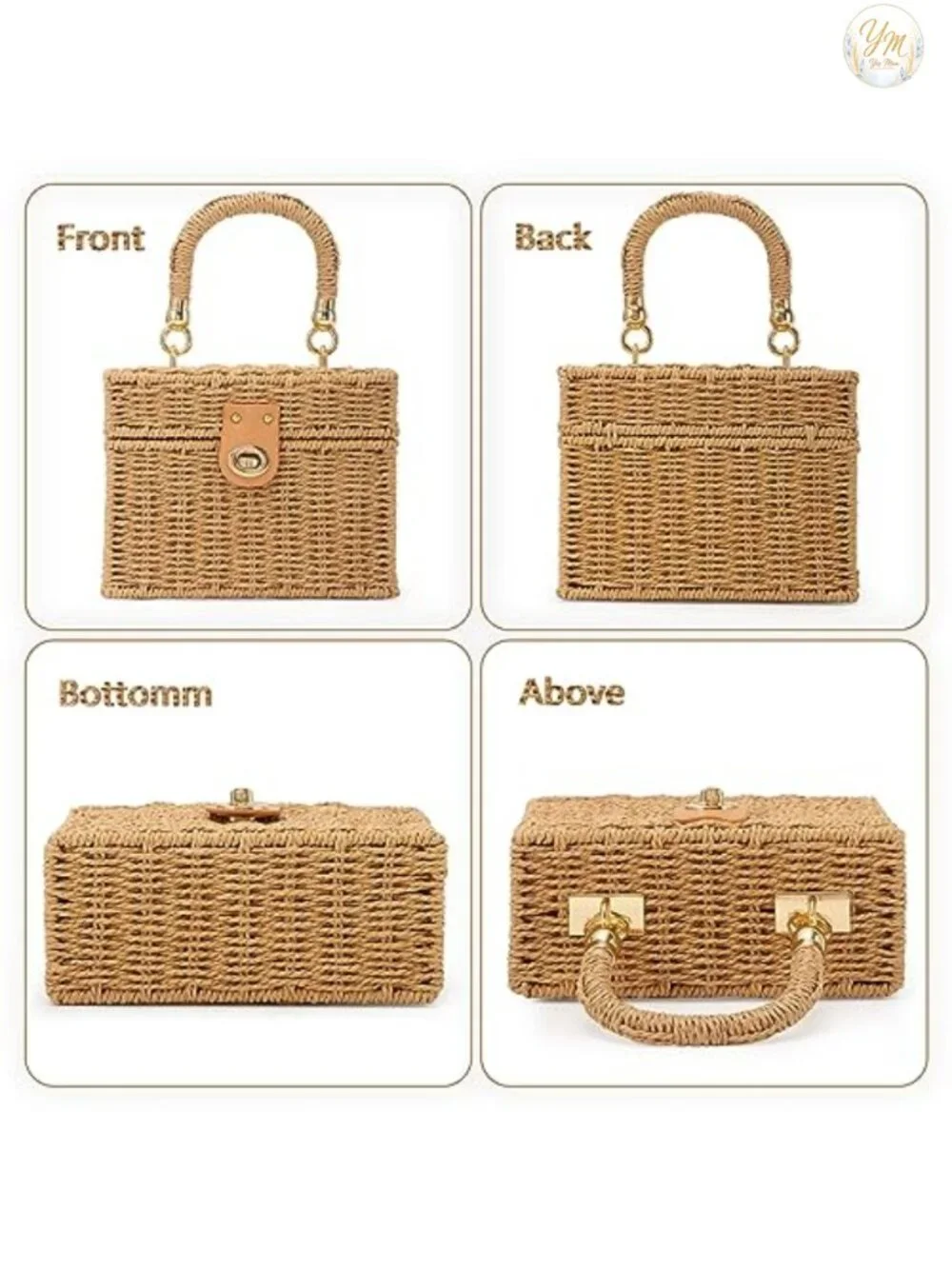 Handwoven Rattan Square Straw Tote Beach Bag Crossbody Shoulder Purse